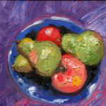 Melwell Romancito, "Pears and Apples," oil on claybord, 6x6