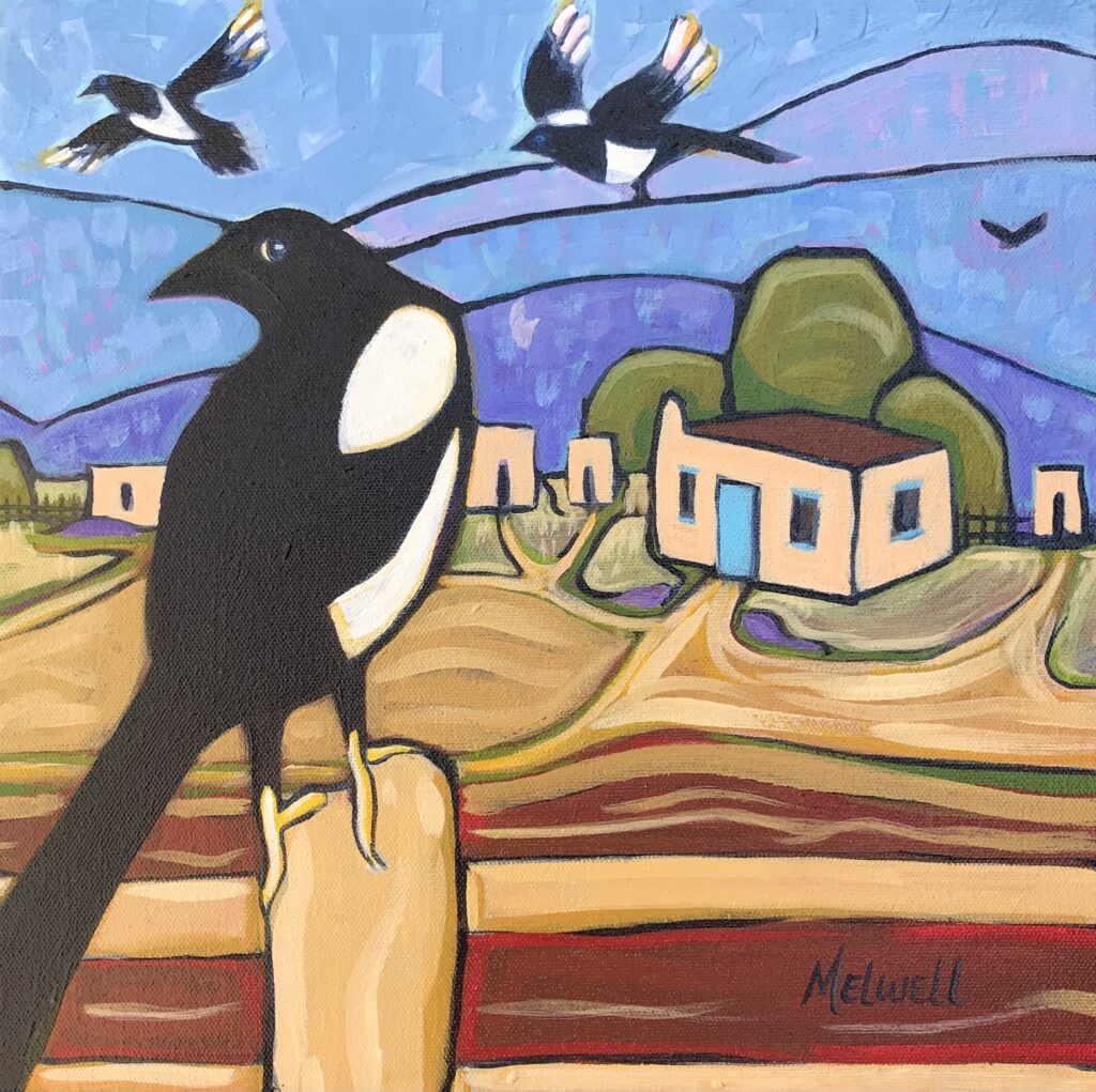"Magpie Dialogue Right," oil on canvas by Melwell, 12x12